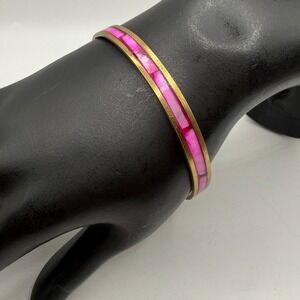 Vintage 70s Pink Abalone Shell Inlay Brass Bangle Bracelet 7"
